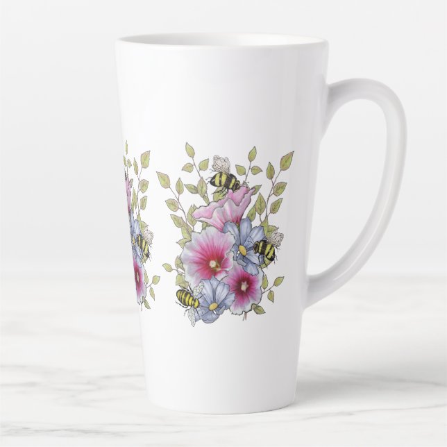 Tasse Latte Flowers and Bees, Freehand Botanical Art (Droite)