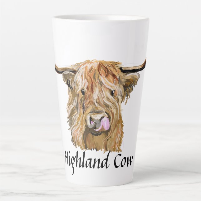 Tasse Latte Fluffy Red Highland Cow Art numérique original  (Devant)