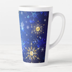 Tasse Latte Fond bleu de Noël avec flocons d'or