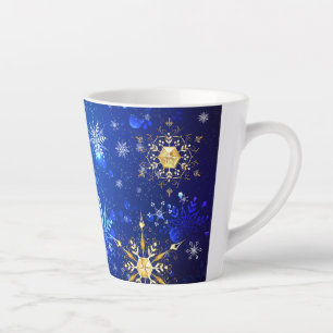 Tasse Latte Fond bleu de Noël avec flocons d'or