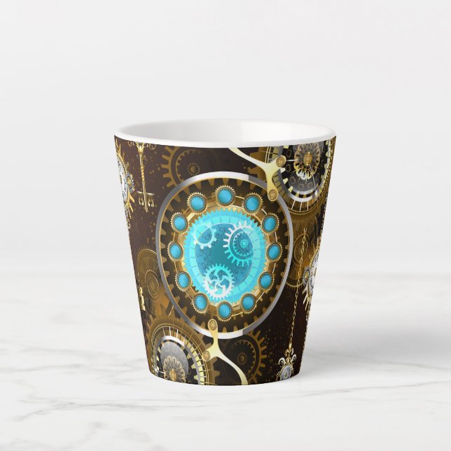 Tasse Latte Fond rouillé Steampunk avec verres turquoise (Devant)