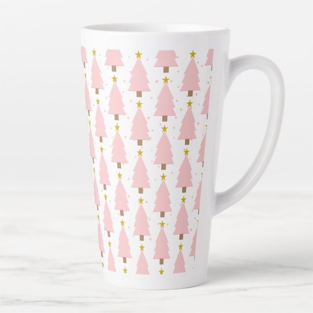 Tasse Latte Forêt d'arbres de Noël rose, étoiles d'or (Droite)