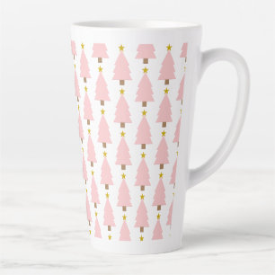 Tasse Latte Forêt d'arbres de Noël rose, étoiles d'or