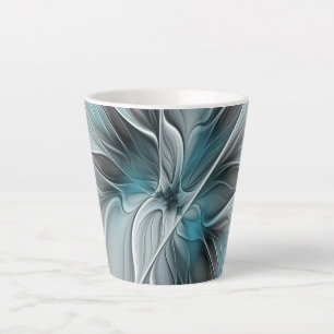 Tasse Latte Fractal Floral Moderne Abstrait Fleur Bleu Gris