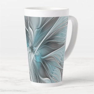Tasse Latte Fractal Floral Moderne Abstrait Fleur Bleu Gris