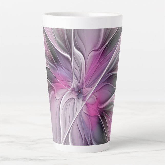 Tasse Latte Fractal Floral Moderne Abstrait Fleur Rose Gris (Devant)