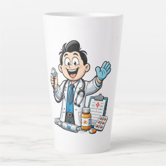 Tasse Latte Friendly Doctor Mascot Medical Cartoon Design