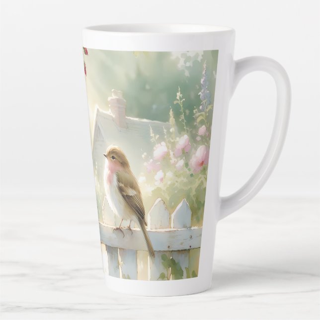 Tasse Latte Garden Rose Bird Watercolor Scene (Droite)
