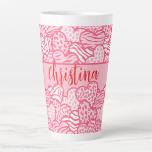Tasse Latte Girly Blush Rose mignon Animal Imprimer Coeurs Nom