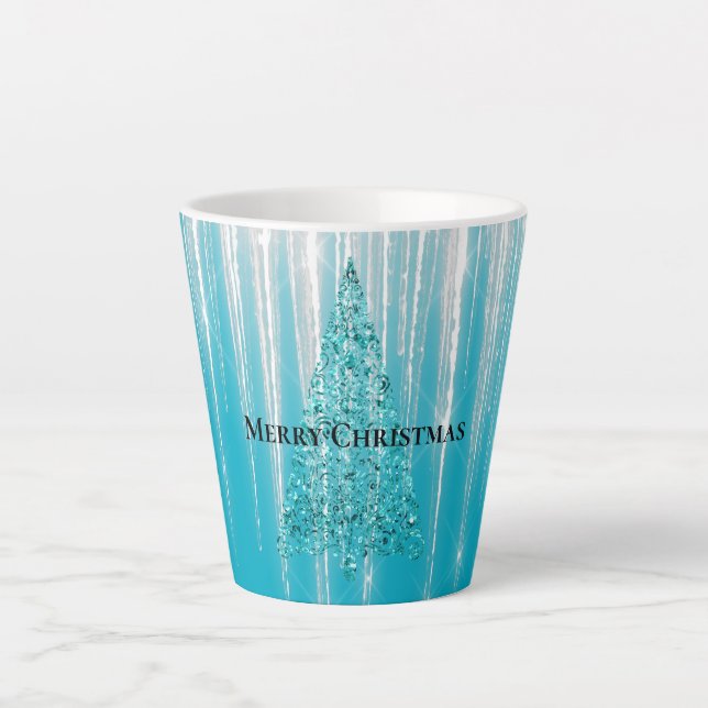 Tasse Latte Glaçons Bleu Aqua Brille Arbre de Noël (Devant)