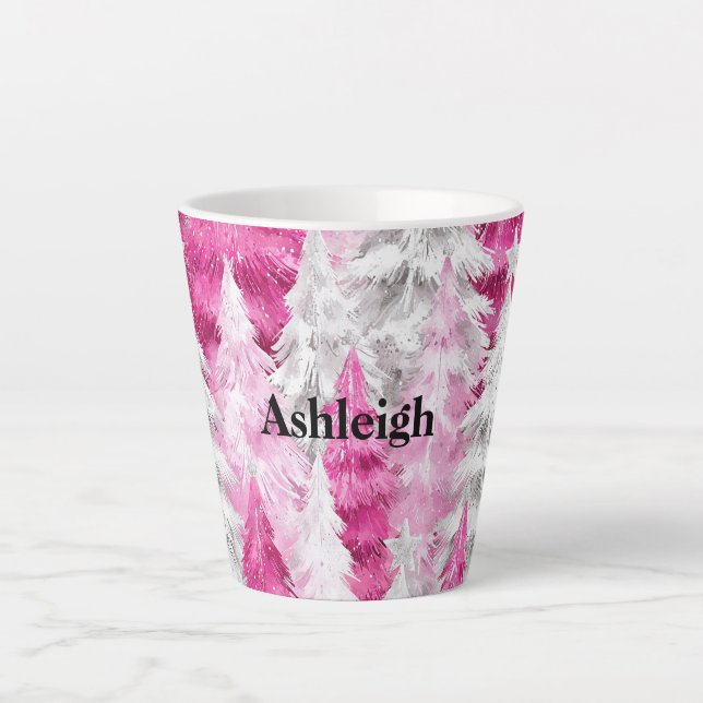 Tasse Latte Glam blanc rose arbres de Noël (Devant)