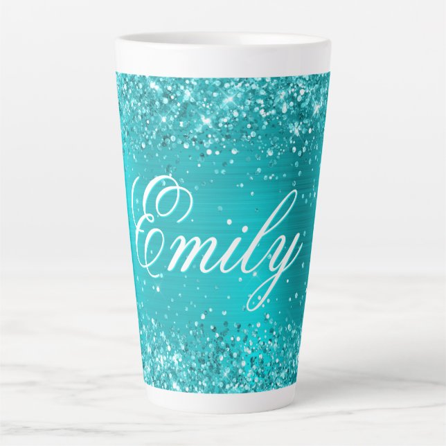 Tasse Latte Glitterie personnalisée Turquoise Blue Foil (Devant)