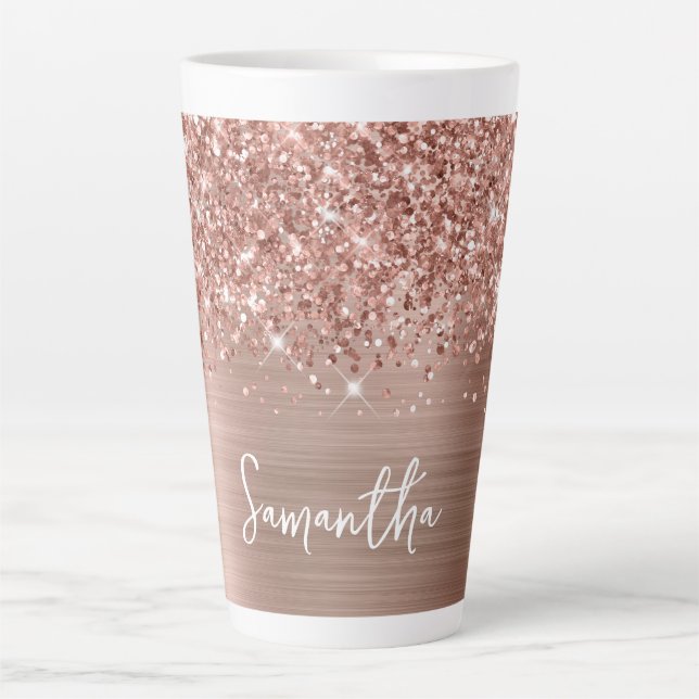 Tasse Latte Glitterie Rose d'étincelle Nom du glamour d'or (Devant)