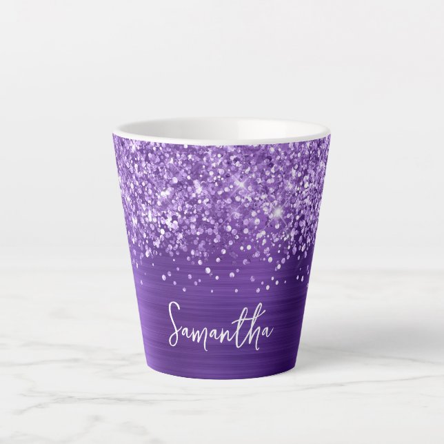Tasse Latte Glittery Amethyst Purple Glam Nom du script (Devant)