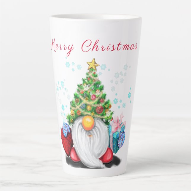 Tasse Latte Gnome mignonne avec arbre de Noël Casquette et cad (Devant)