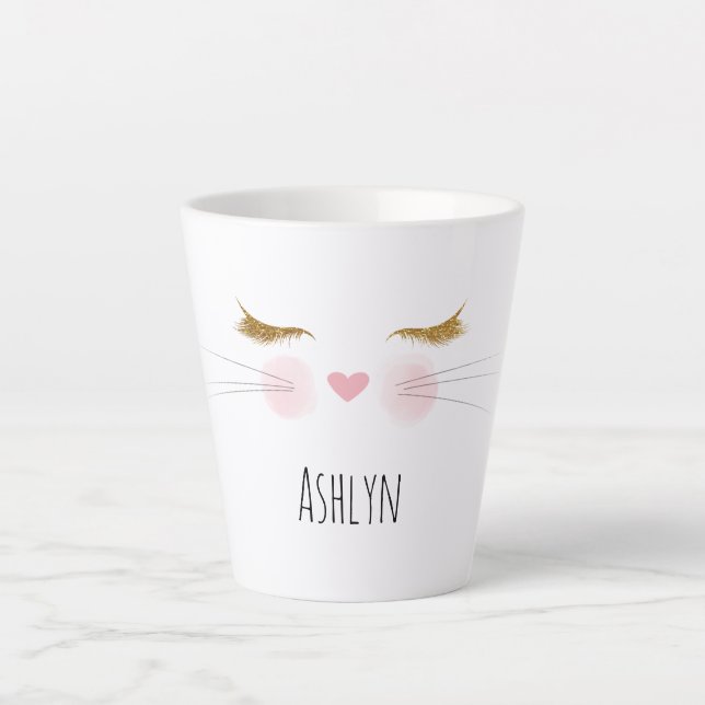 Tasse Latte Gold Glitter Eyelashes Pink Nose Kitty Cat Face (Devant)