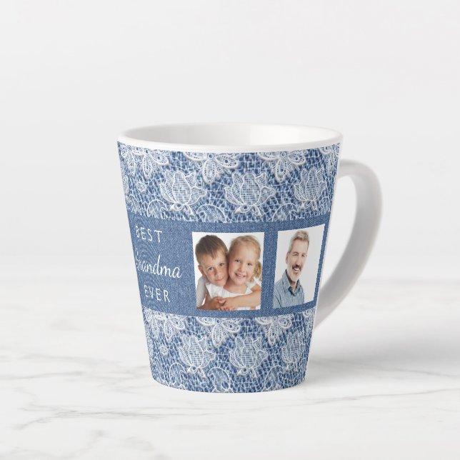 Tasse Latte Grand-mère bleu denim dentelle photo collage (Angle droit)
