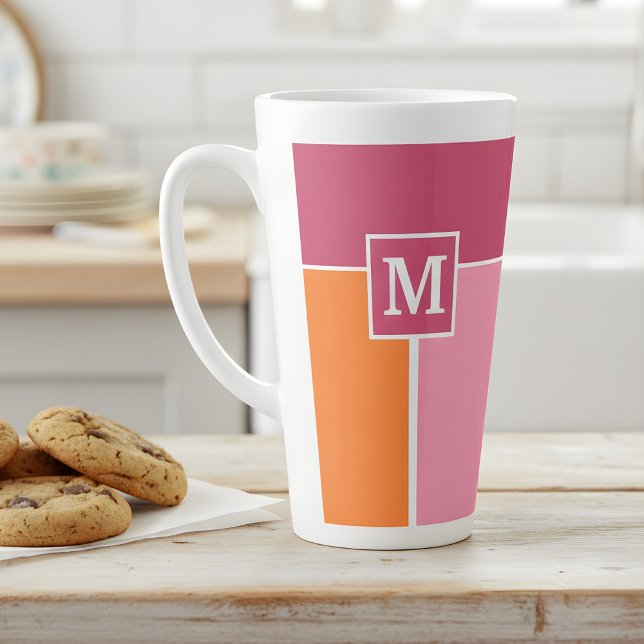 Tasse Latte Grandes bandes Feminine avec Monogramme (pink orange latte mug with monogram)