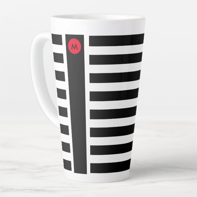 Tasse Latte Gras Blancs Noirs avec Minuscules Monogrammes Roug (Angle gauche)
