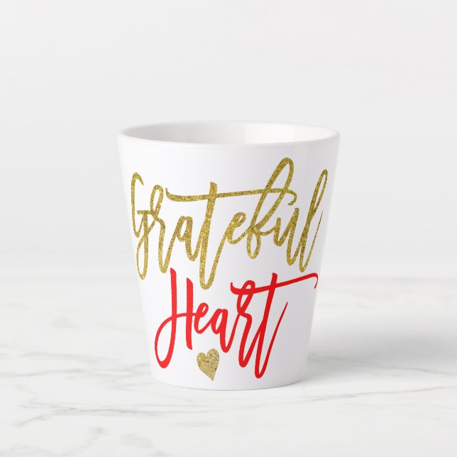 Tasse Latte Grateful Heart Gratitude Citation Script Red Gold (Devant)