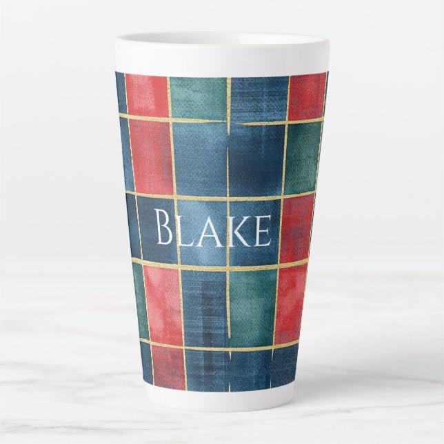Tasse Latte Green Blue Red Gold Plaid Stripes (Devant)