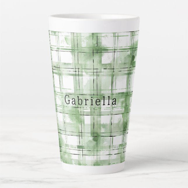 Tasse Latte Green White Plaid Stripes   (Devant)