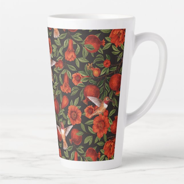 Tasse Latte Grenades et colibris/feuilles verts en noir (Droite)