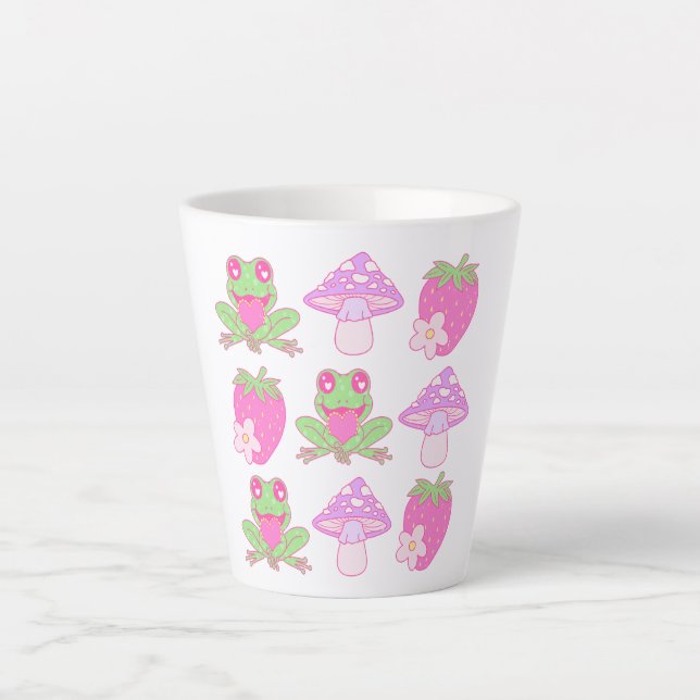 Tasse Latte Grenouille Kawaii, champignon et fraise (Devant)