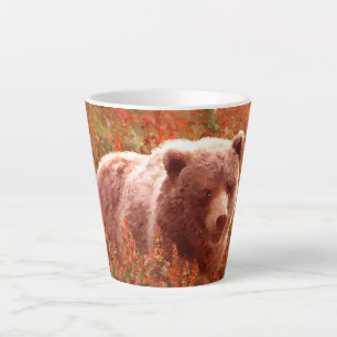 Tasse Latte Grizzly Bear Cub dans Fireweed Peinture Art de la