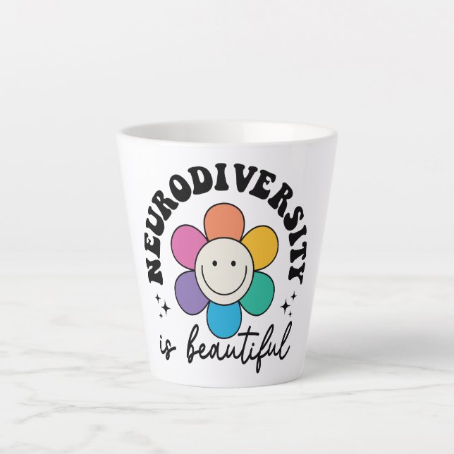 Tasse Latte Groovy Rainbow Smiley Flower Neurodiversity (Devant)