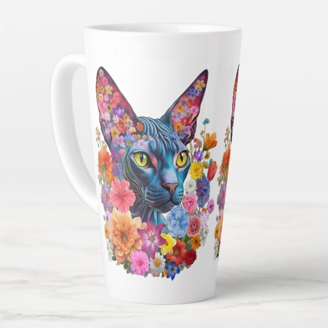 Tasse Latte Hairless Sphynx Cat Art Floral  (Angle gauche)