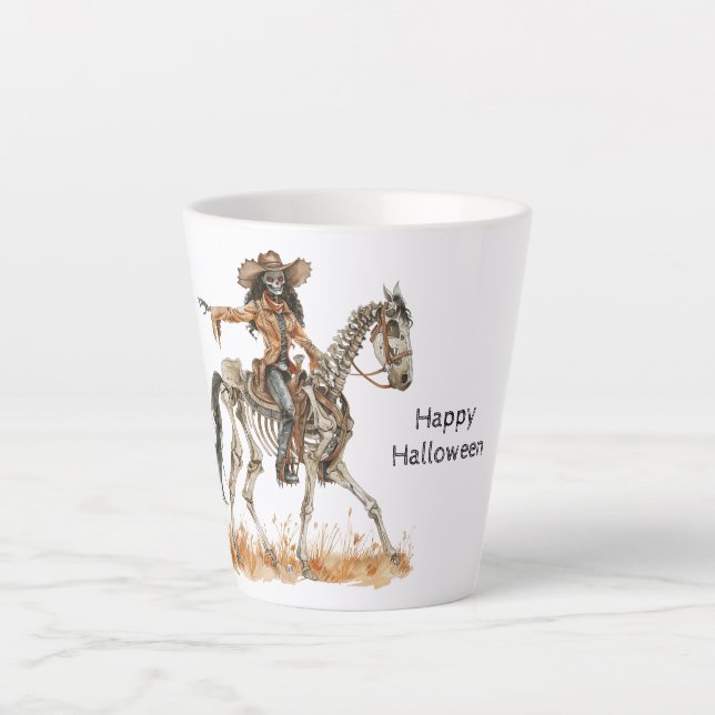 Tasse Latte Halloween Black Cowgirl Western Horse Skeleton (Devant)