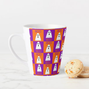Tasse Latte Halloween Boo Ghost Purple et Carrés orange