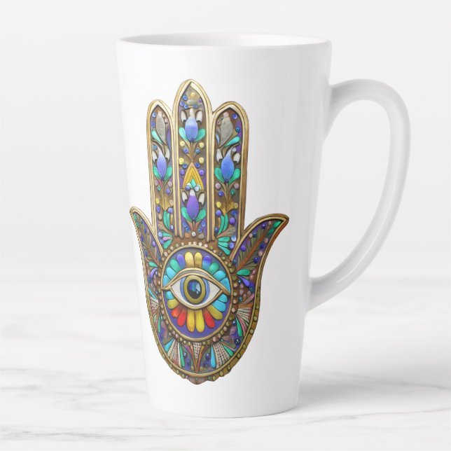 Tasse Latte Hamsa d'or peint coloré saphir Troisième Œil  (Droite)