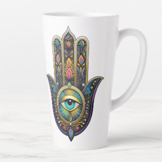 Tasse Latte Hamsa noir coloré or avec troisième œil turquoise