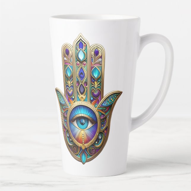 Tasse Latte Hamsa Violet Turquoise avec Troisième Œil Saphir (Droite)