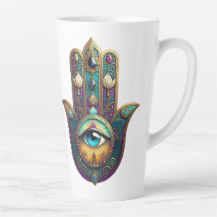 Tasse Latte Hamsa Violet Turquoise avec Troisième Œil Turquois