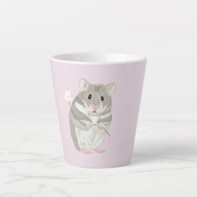 Tasse Latte Hamster gris et blanc mignon tenant une fleur (Devant)