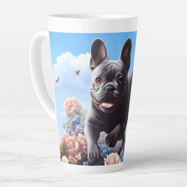 Tasse Latte Happy Blue French Bulldog & Flowers (Angle gauche)