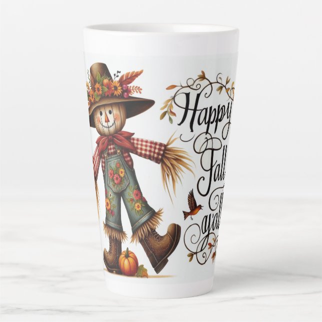 Tasse Latte Happy Fall Ya'll Scarecrow and Autumn Foliing (Devant)
