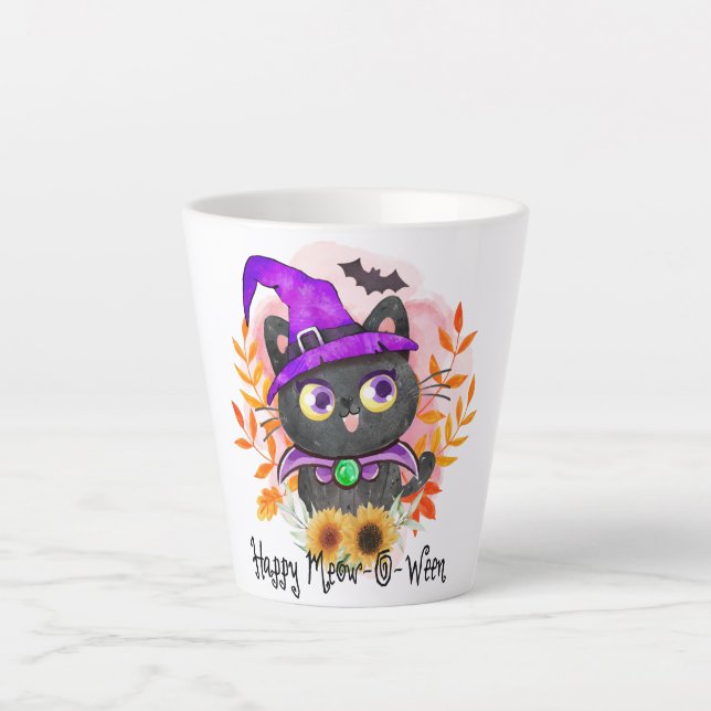 Tasse Latte Happy Meow-o-ween -Chat Sorcière Noire (Devant)