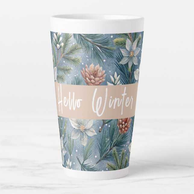 Tasse Latte Hello Winter Pines & Flowers (Devant)