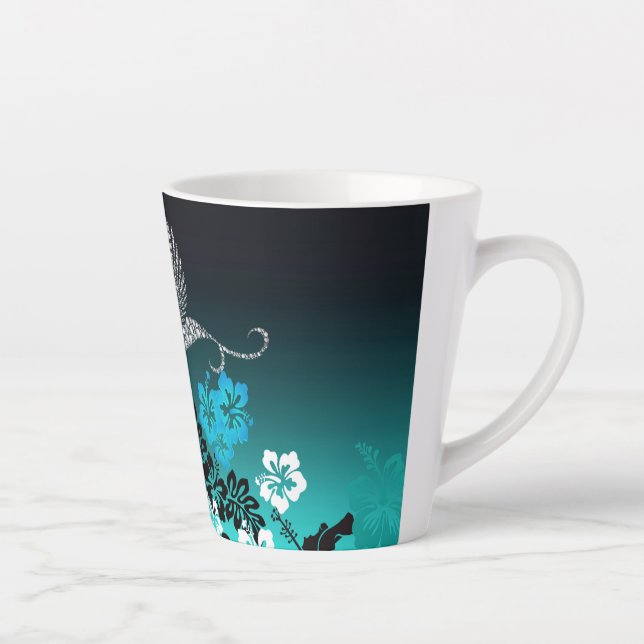 Tasse Latte Hibiscus sur Turquoise avec Colibri (Droite)