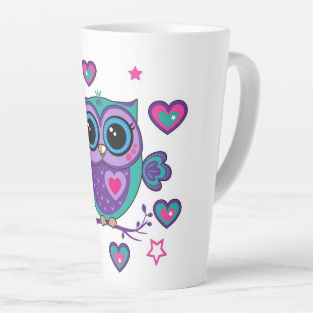 Tasse Latte Hibou avec coeurs (Angle droit)