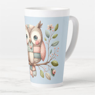 Tasse Latte Hibou Patchwork dans une Forêt Fantaisiste