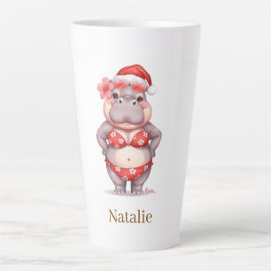 Tasse Latte Hippopotame surfeur en bikini rouge pour Noël