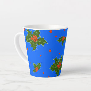 Tasse Latte Holly (Ilex) Motif de Noël sur Arrière - plan bleu