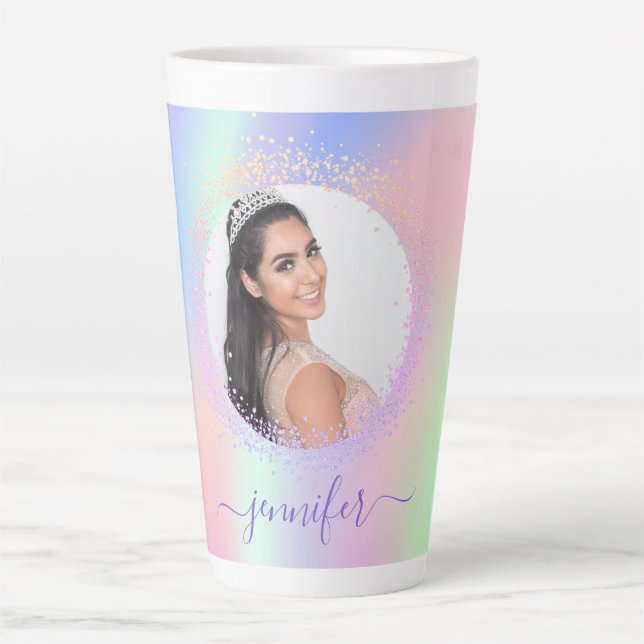Tasse Latte Holographe photo rose violet nom script (Devant)