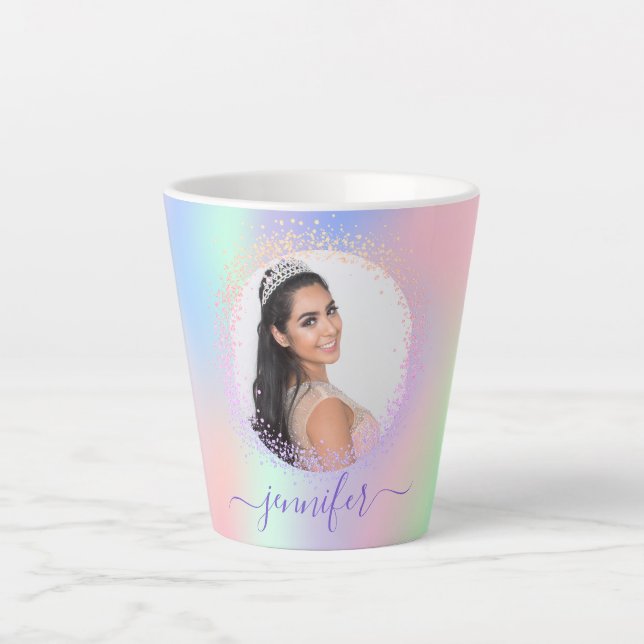 Tasse Latte Holographe photo rose violet nom script (Devant)