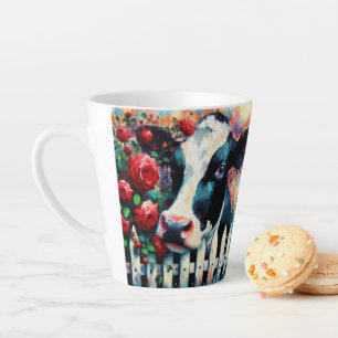 Tasse Latte Holstein Picket de vache clôture Roses rouges Noir